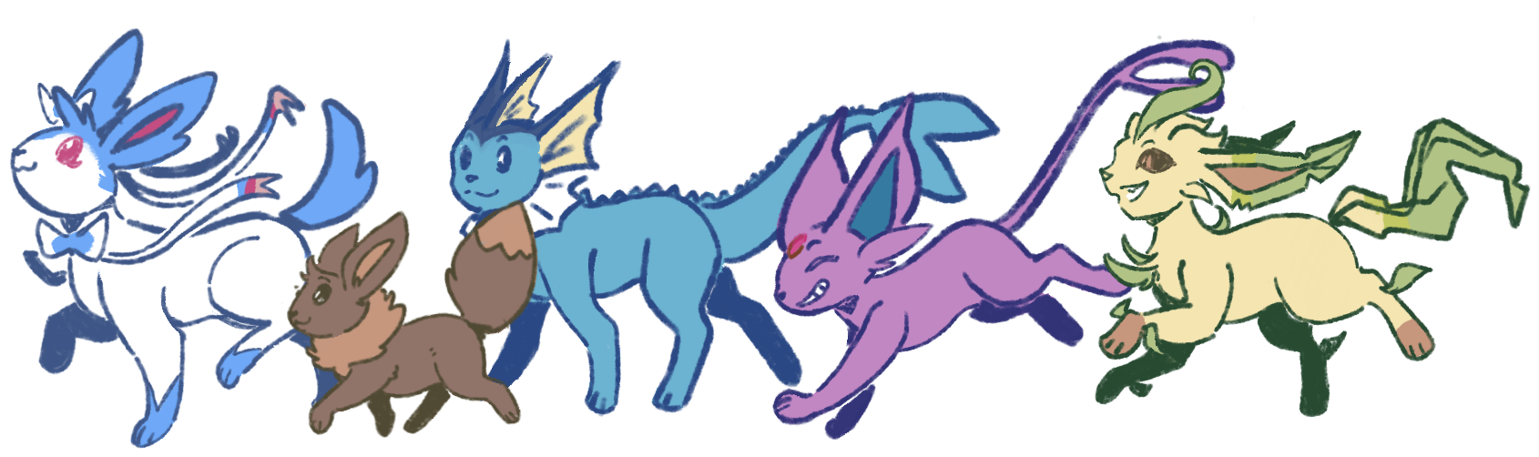 Welcome! Sylveon (shiny), eevee, vaporeon, espeon and leafeon bound and leap to the left. Art is mine.