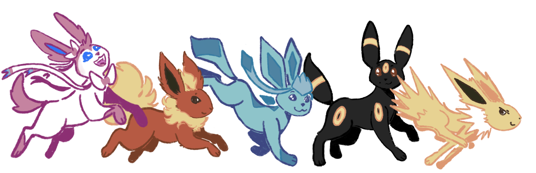 Another piece of art by me. Sylveon (not shiny), flareon, glaceon, umbreon and jolteon are raciing to the right to see you off. Thanks for visiting!
